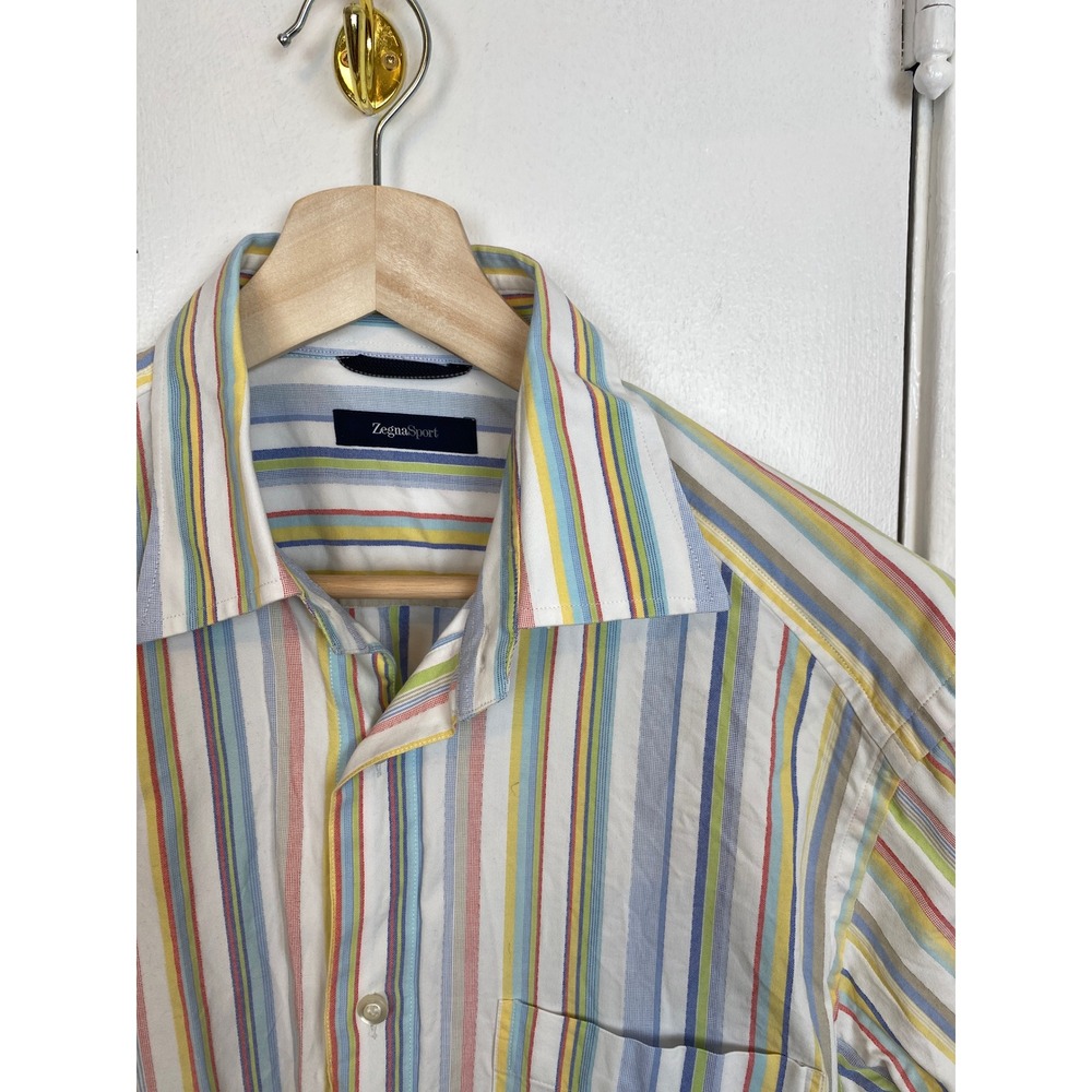 Ermenegildo Zegna Sport Mens Multi Color Striped Cotton Button Down Shirt Medium